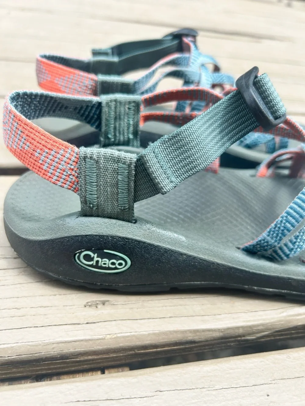 Chaco Teal and Coral Webbing Strapped Sandals | Size EU 38 / US 7